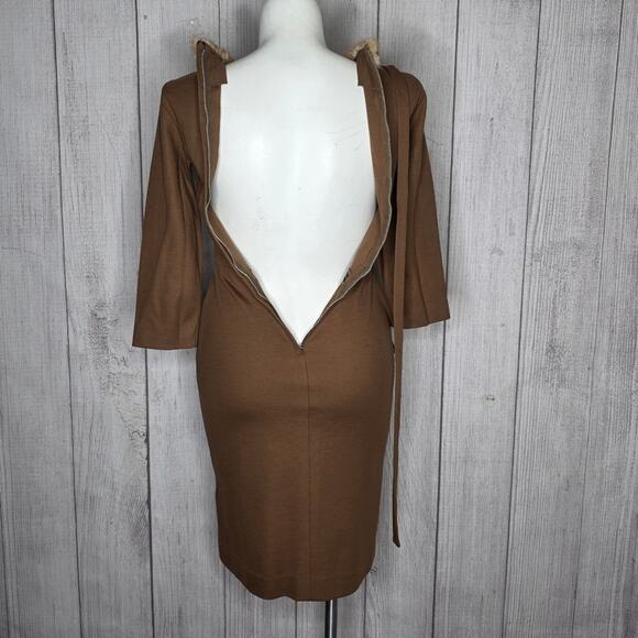 Vintage Brown Midi Dress with Fur Collar Trim *has damage* READ - sz M/L - Picture 7 of 7